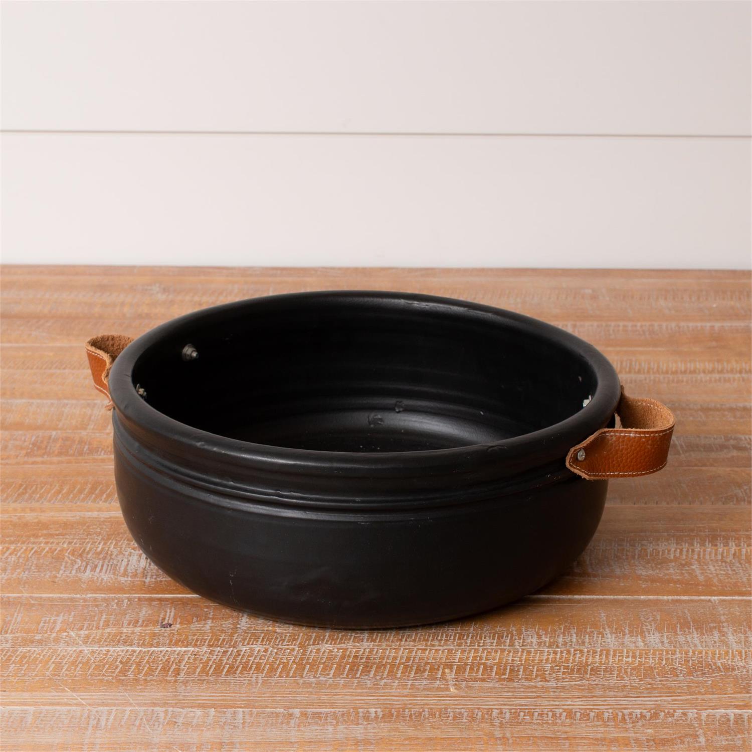 Pottery - Black Bowl With Leather Handles, Lg