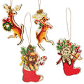 Set of 4 - Retro Look Wooden Puppy, Kitten, & Reindeer Ornament