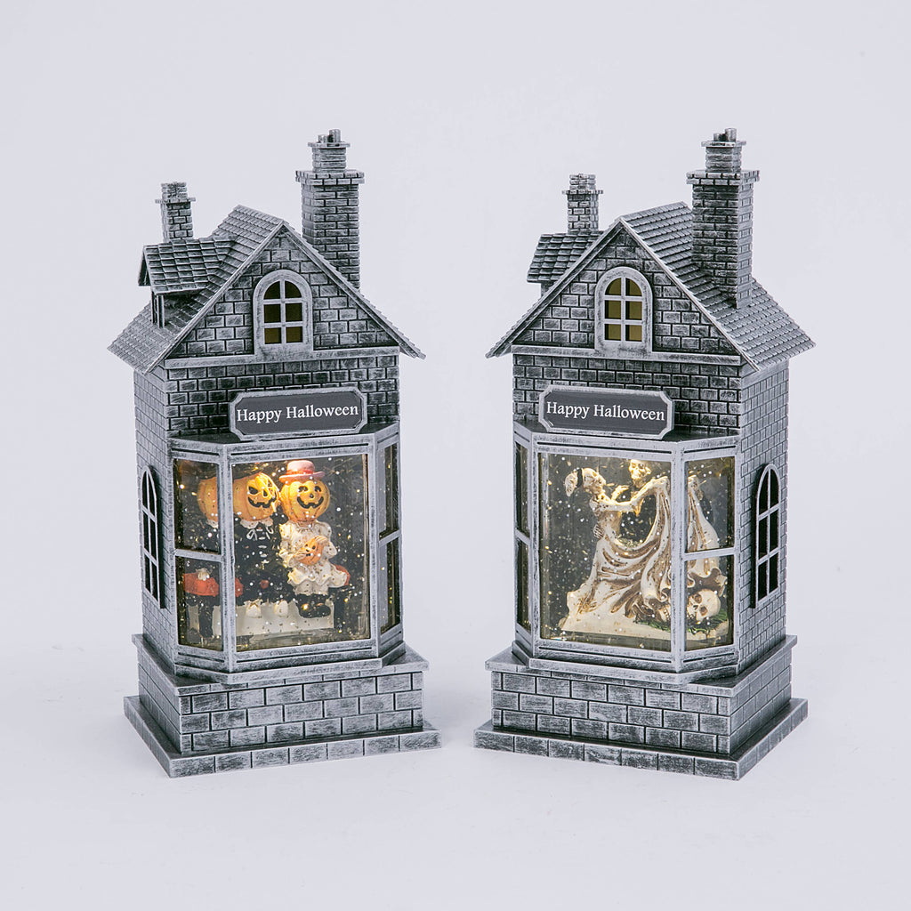 10.5 Inch Lighted Haunted Houses Spinning Halloween Water Globes, set of 2
