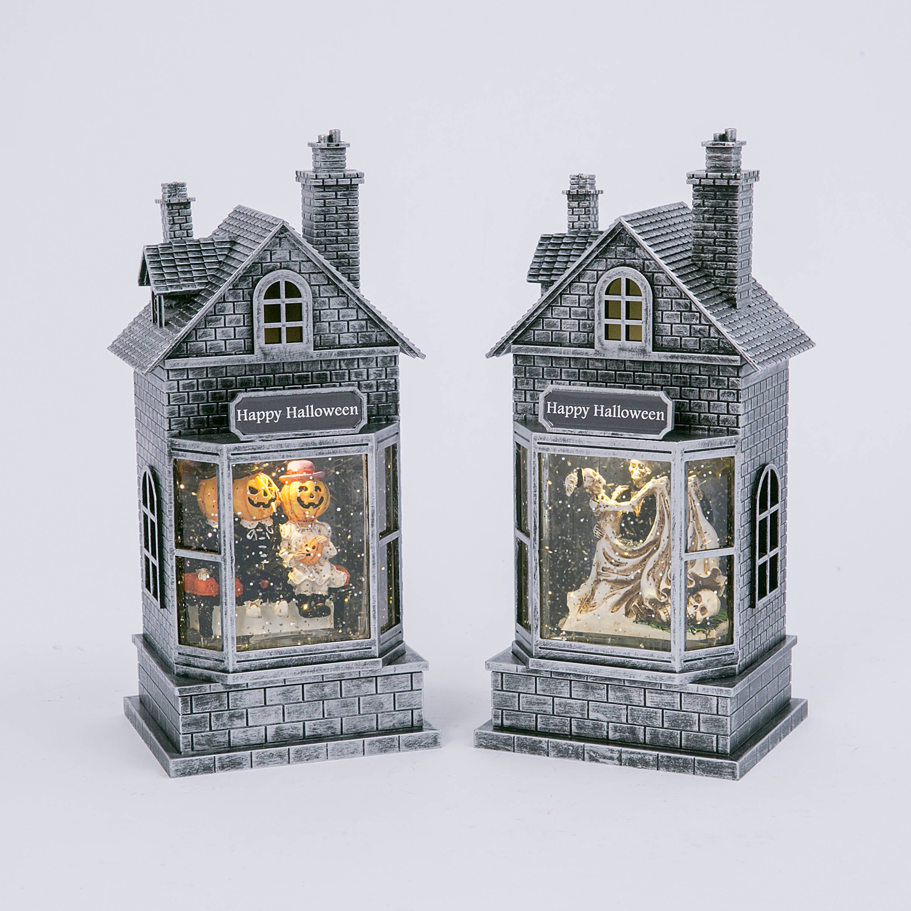 10.5 Inch Lighted Haunted Houses Spinning Halloween Water Globes, set of 2