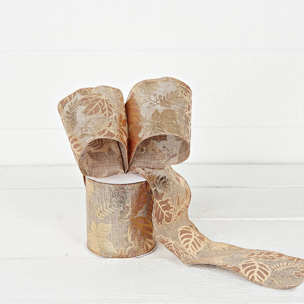 Wired Ribbon-Burlap-Metallic golden leaves (4inW)