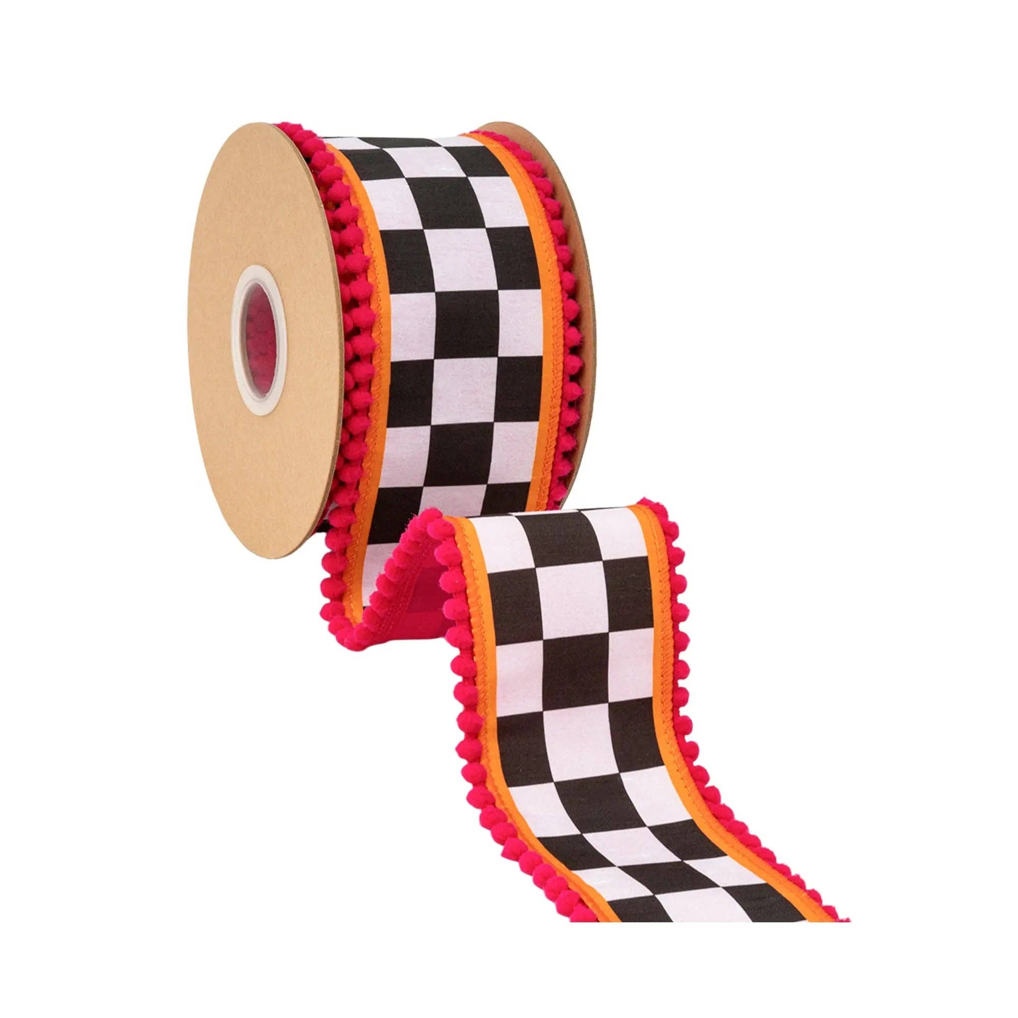 2 1/2" Wired Dupioni Ribbon | Large Black/White Check with Orange and Pink Pom Pom Edging w/ Pink Backing | 10 Yard Roll