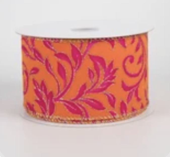 2.5" Fuchsia & Gold Vine Swirls Velvet Ribbon: Orange (10 yds)