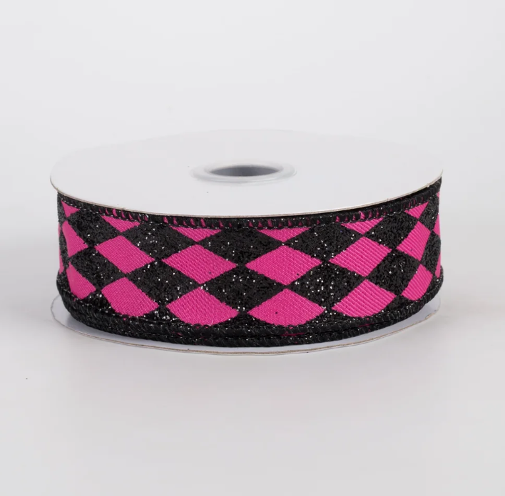 7/8" Glitter Harlequin Ribbon: Black on Fuchsia Pink (10 Yards)