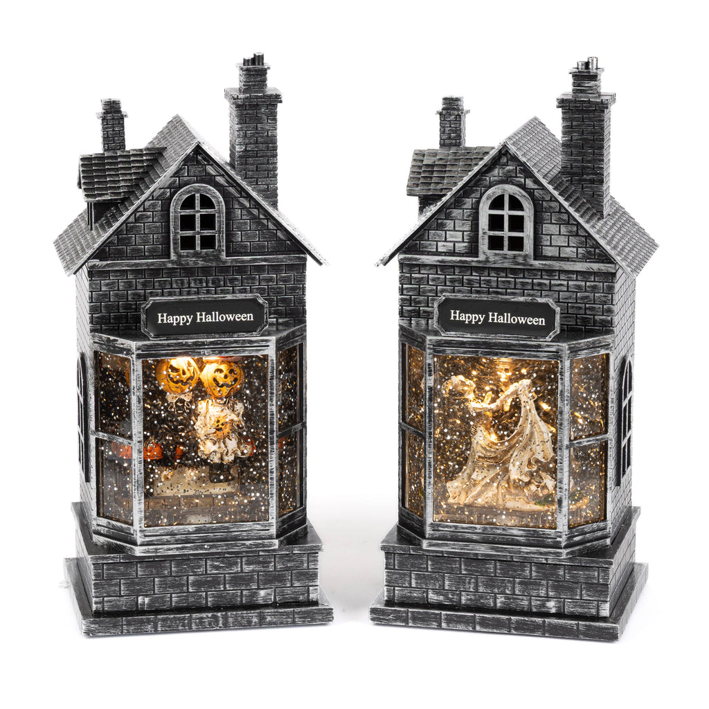 10.5 Inch Lighted Haunted Houses Spinning Halloween Water Globes, set of 2