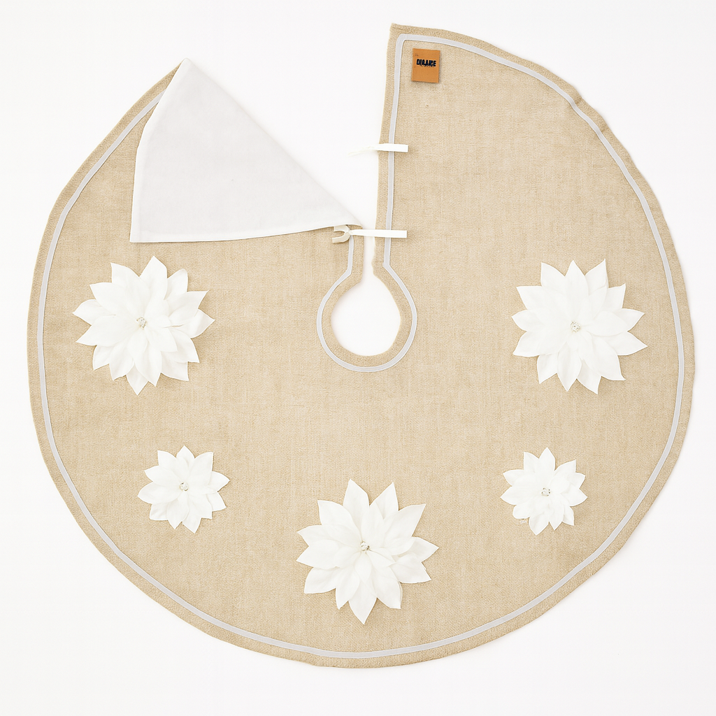 Silver-White 3D Poinsettia Natural 53" Christmas Tree Skirt