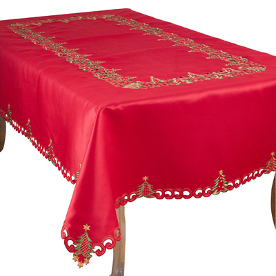 Red Embroidered Tree 67"X160" Tablecloth with 16 Napkins