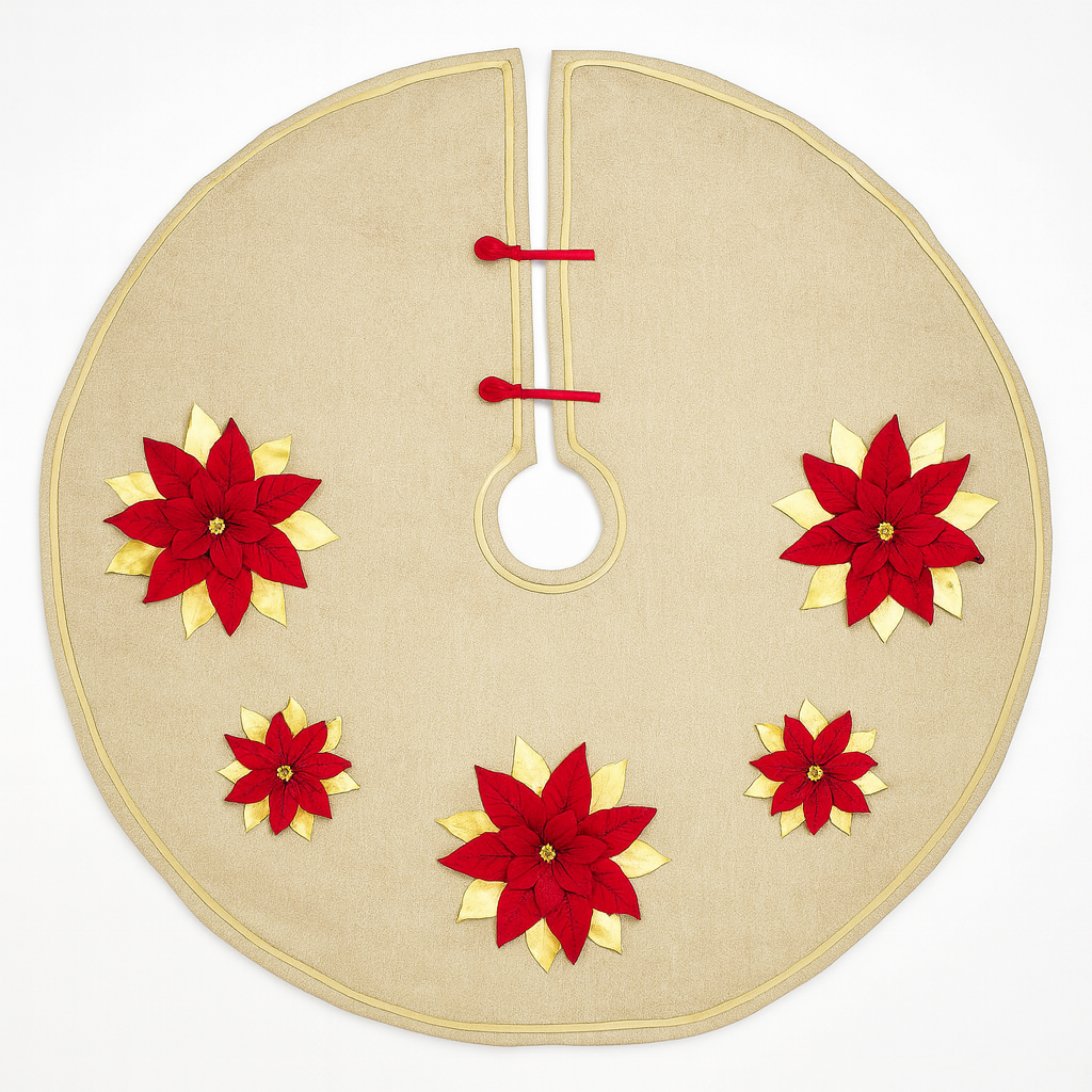 Gold-Red 3D Poinsettia Natural 53" Christmas Tree Skirt