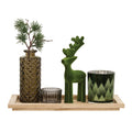 5pc Set - Wooden Tray w/Glass Votives Vase and Velvet Reindeer