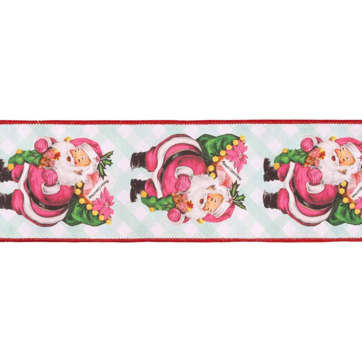4" Wired Dupioni Ribbon | Retro Pink Santa w/ Sack on Green Check w/ Red Backing | 10 Yard Roll