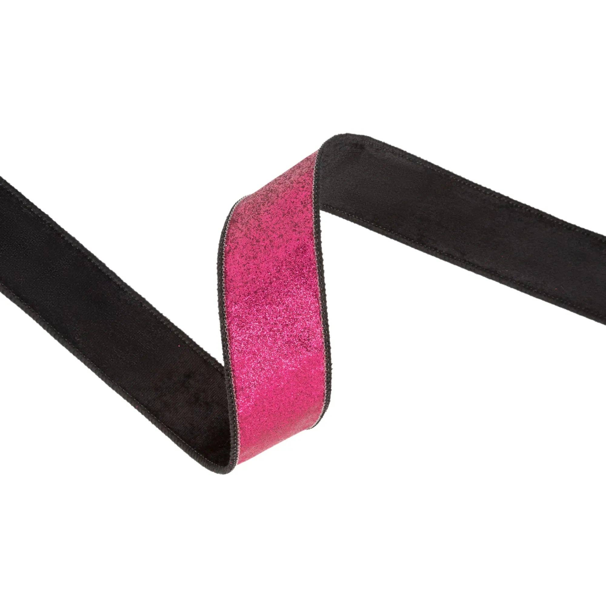1 1/2" Wired Velvet Ribbon | Black w/ Hot Pink Glitter Backing | 10 Yard Roll