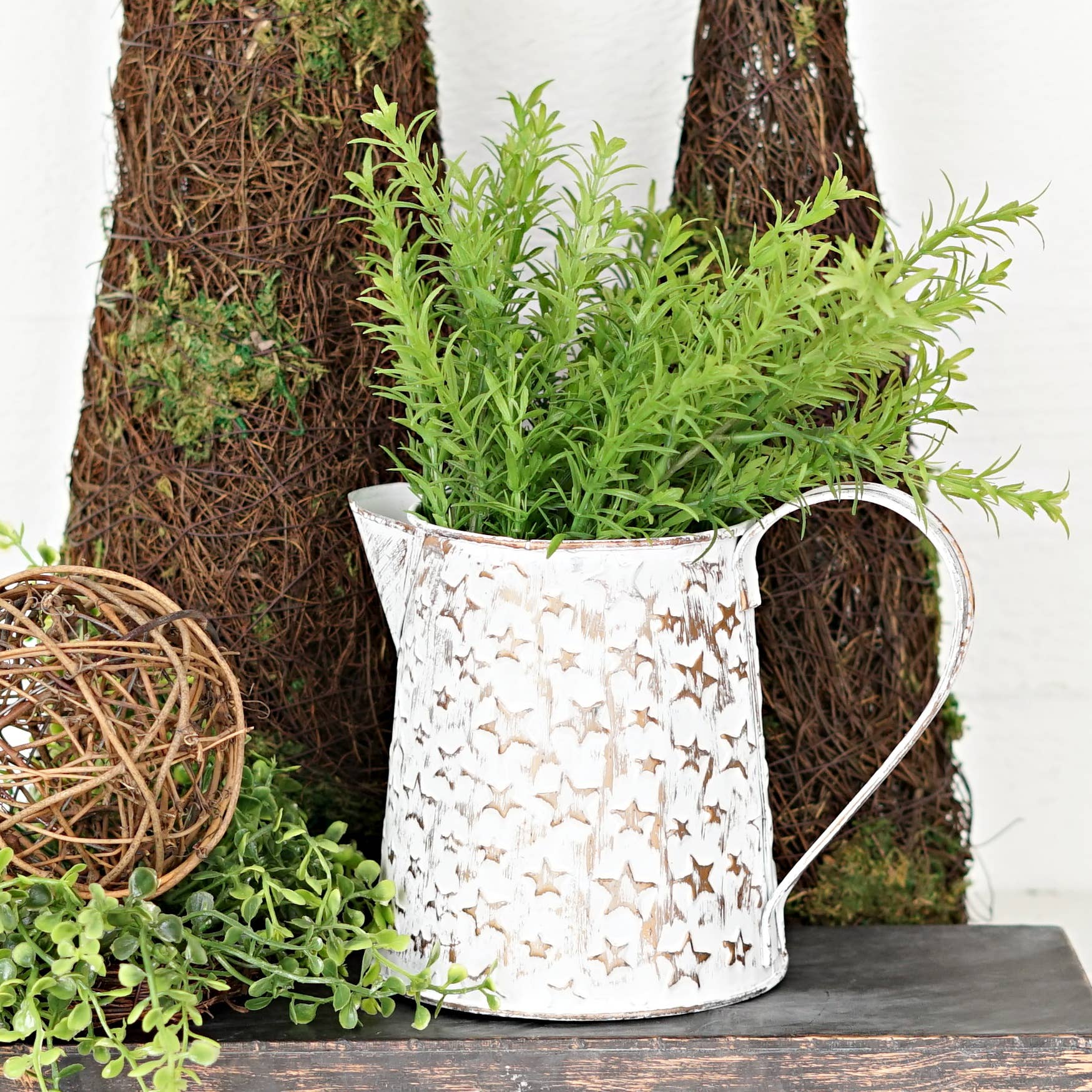 Metal Container-Pitcher-Vintage white with Golden Star