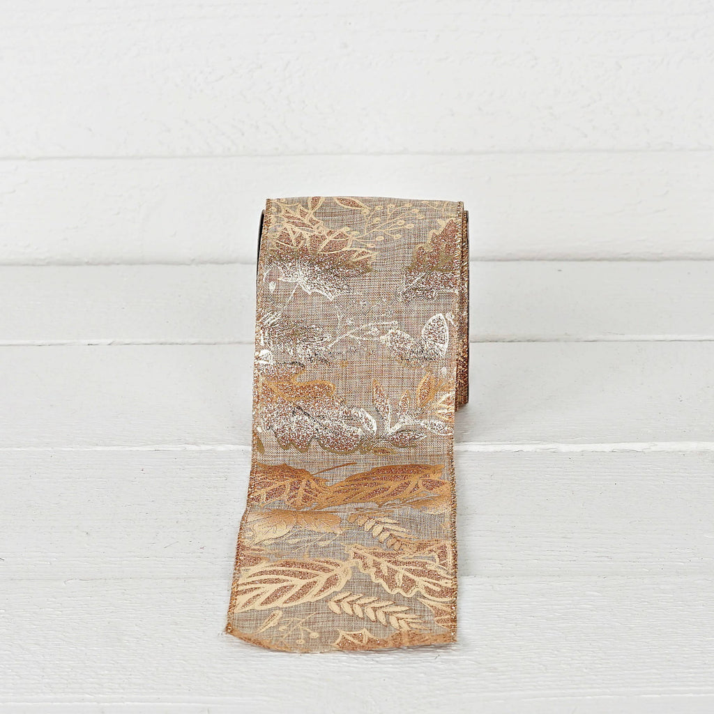 Wired Ribbon-Burlap-Metallic golden leaves (4inW)