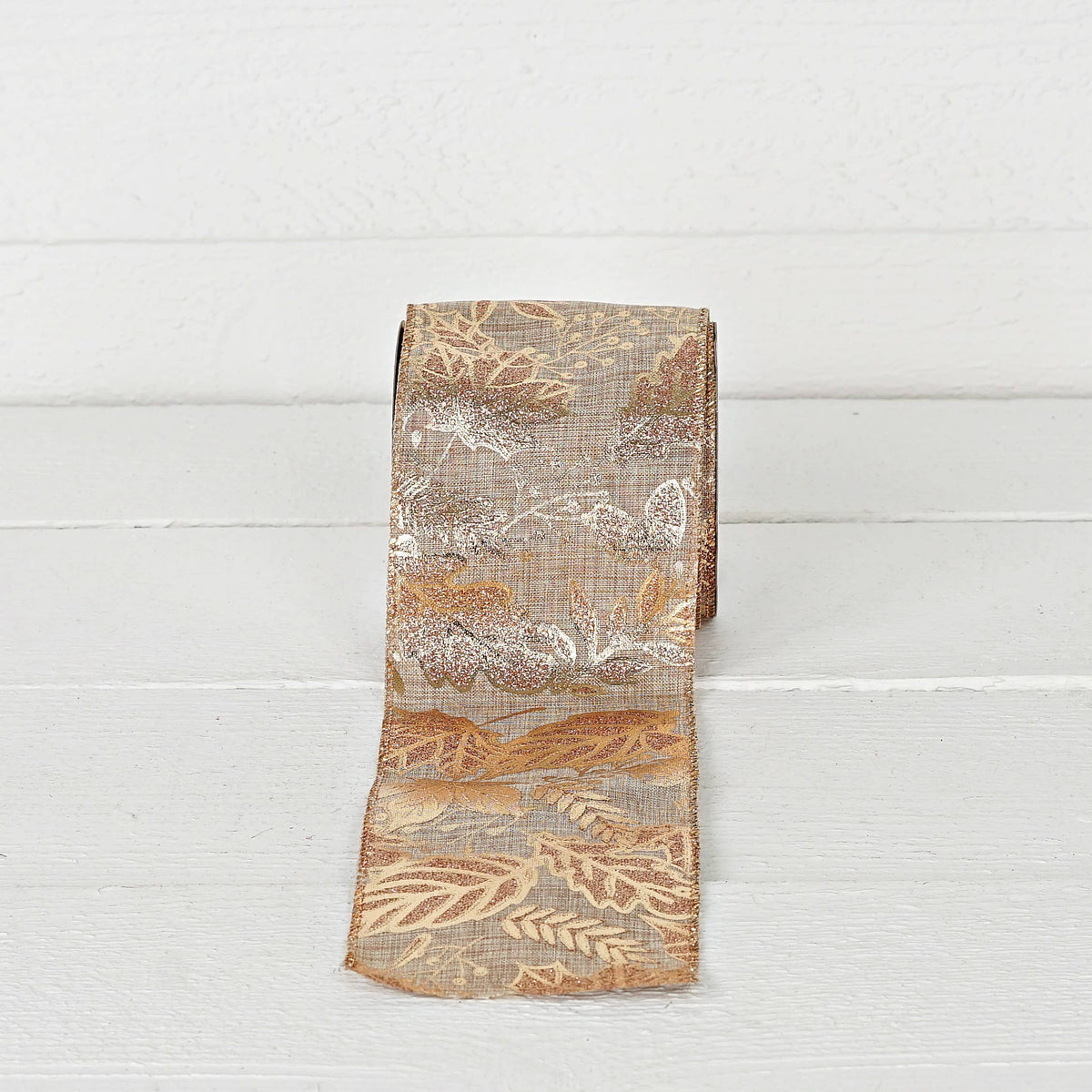 Wired Ribbon-Burlap-Metallic golden leaves (4inW)