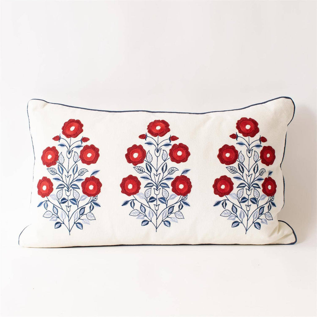 Red White And Blue Embroidered Floral Lumbar Pillow