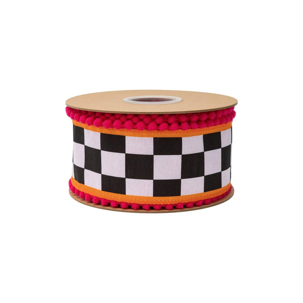 2 1/2" Wired Dupioni Ribbon | Large Black/White Check with Orange and Pink Pom Pom Edging w/ Pink Backing | 10 Yard Roll