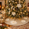 Silver-White 3D Poinsettia Natural 53" Christmas Tree Skirt