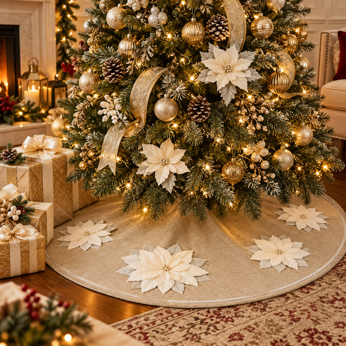 Silver-White 3D Poinsettia Natural 53" Christmas Tree Skirt