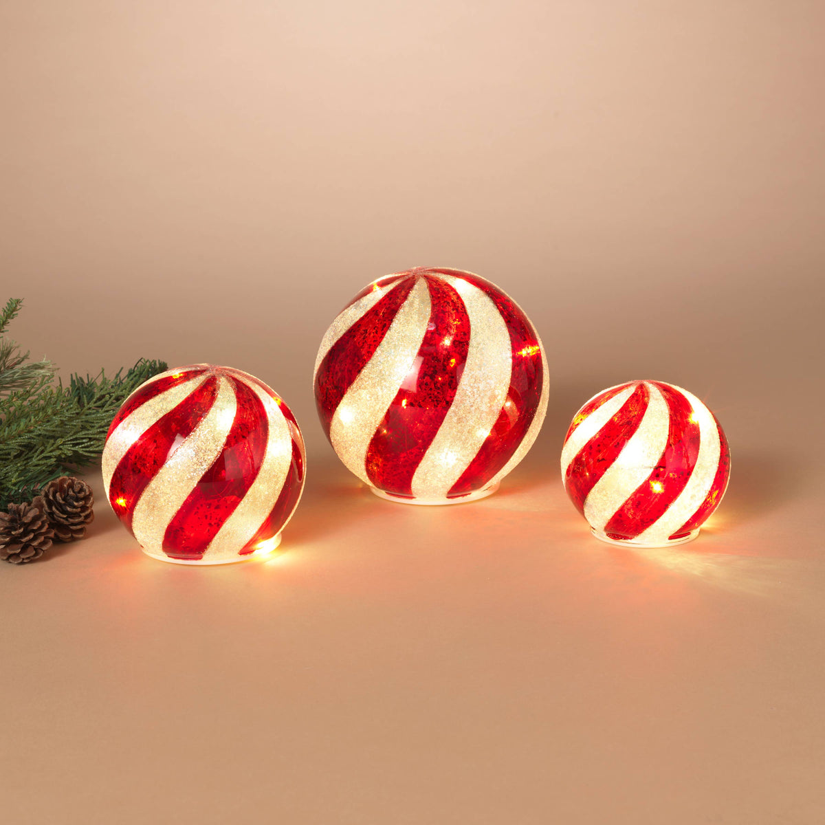 Christmas S/3 Battery-Operated Lighted Mercury Glass Candy Stripe Spheres w/ Timer
