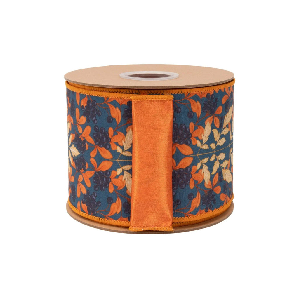 4" Wired Dupioni Ribbon | Orange and Cream Flame Print on Blue w/ Satin Orange Backing | 10 Yard Roll