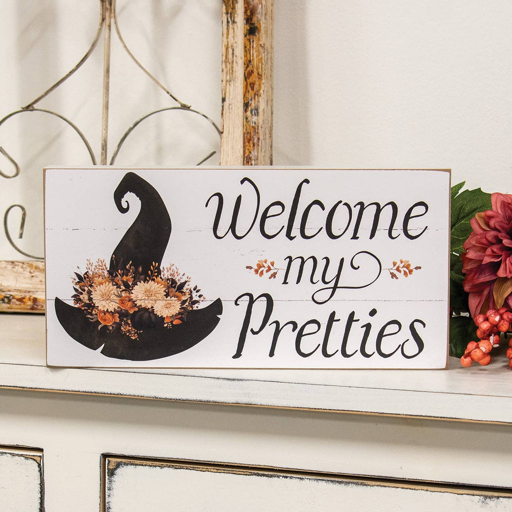 Welcome My Pretties Floral Witch Hat Box Sign