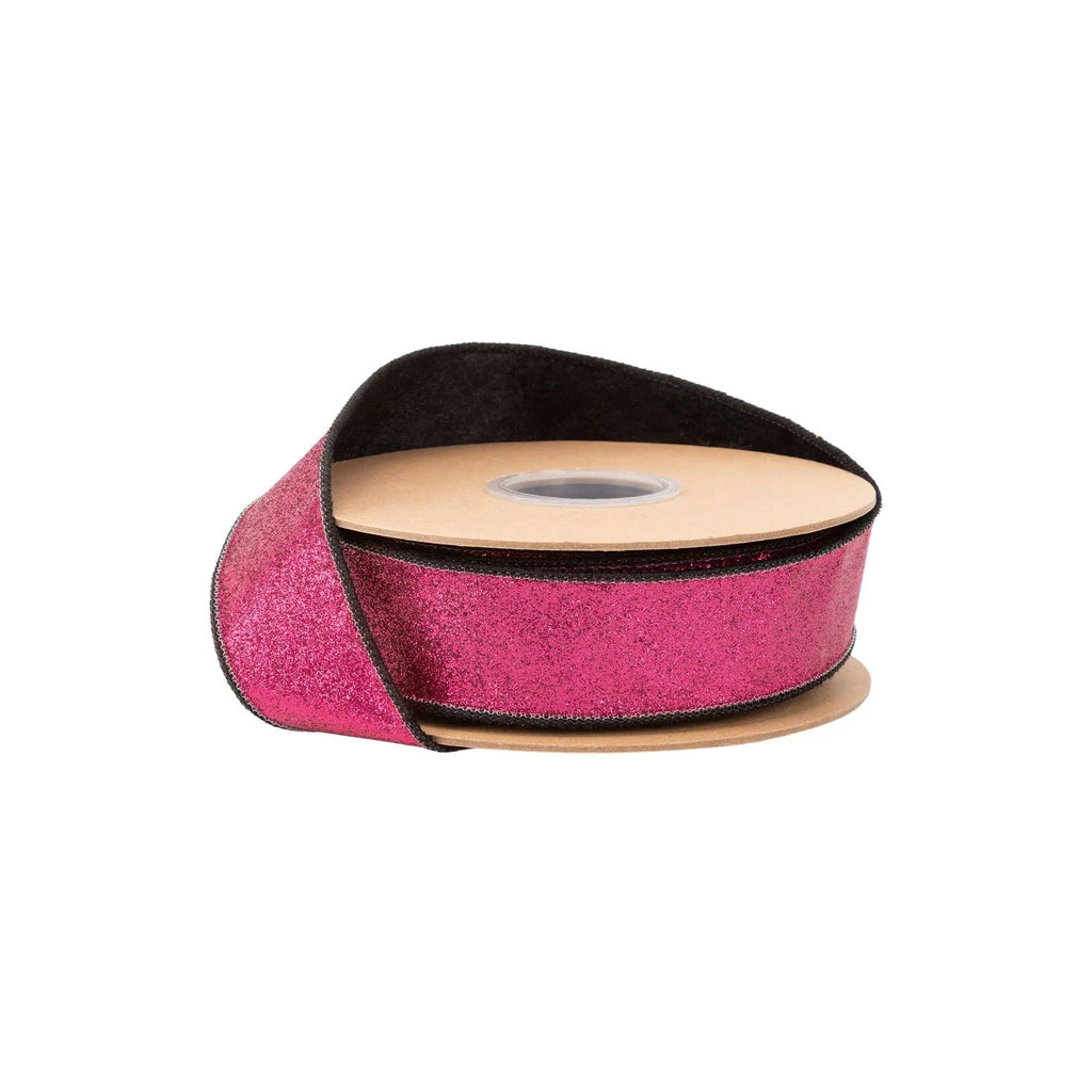 1 1/2" Wired Velvet Ribbon | Black w/ Hot Pink Glitter Backing | 10 Yard Roll