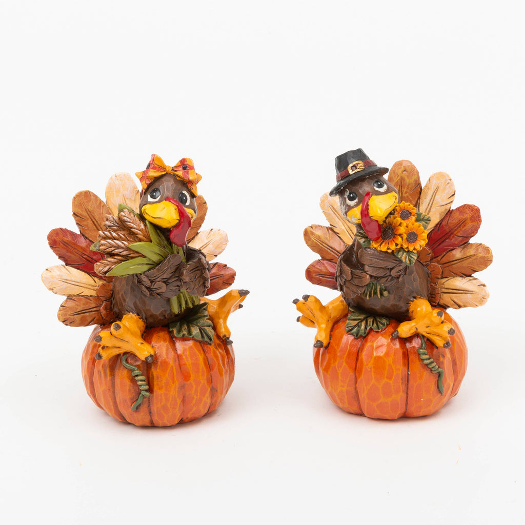 Thanksgiving Resin Harvest Turkey Sitting on a Pumpkin, 5.12"H, 2 Assorted