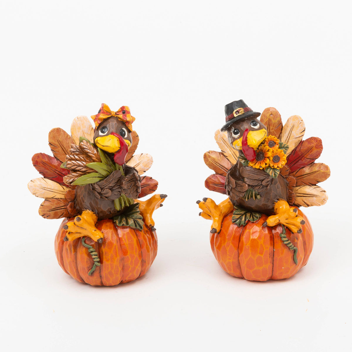 Thanksgiving Resin Harvest Turkey Sitting on a Pumpkin, 5.12"H, 2 Assorted
