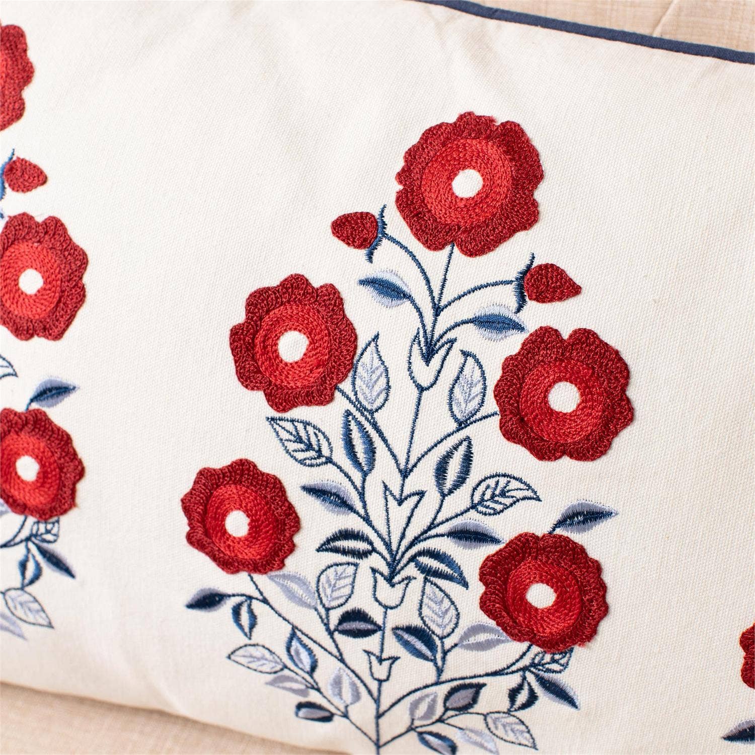 Red White And Blue Embroidered Floral Lumbar Pillow