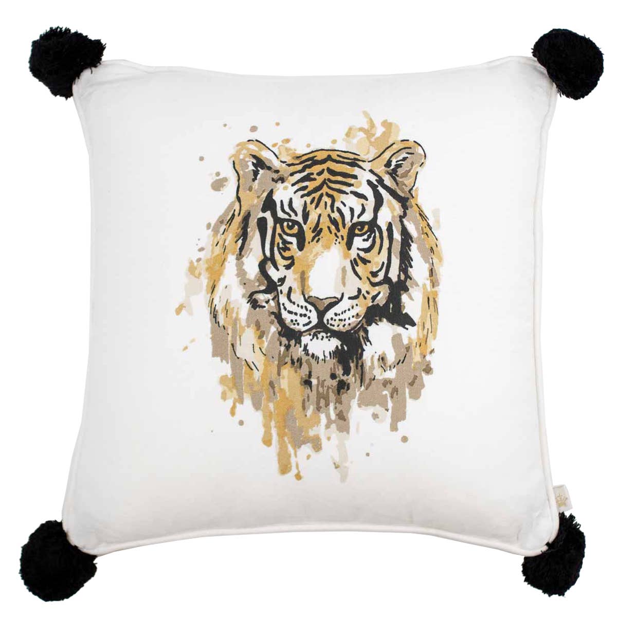 Tiger Love Pom Pom Pillow Soft White/Black 16x16in
