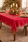 Red Embroidered Tree 67"X160" Tablecloth with 16 Napkins