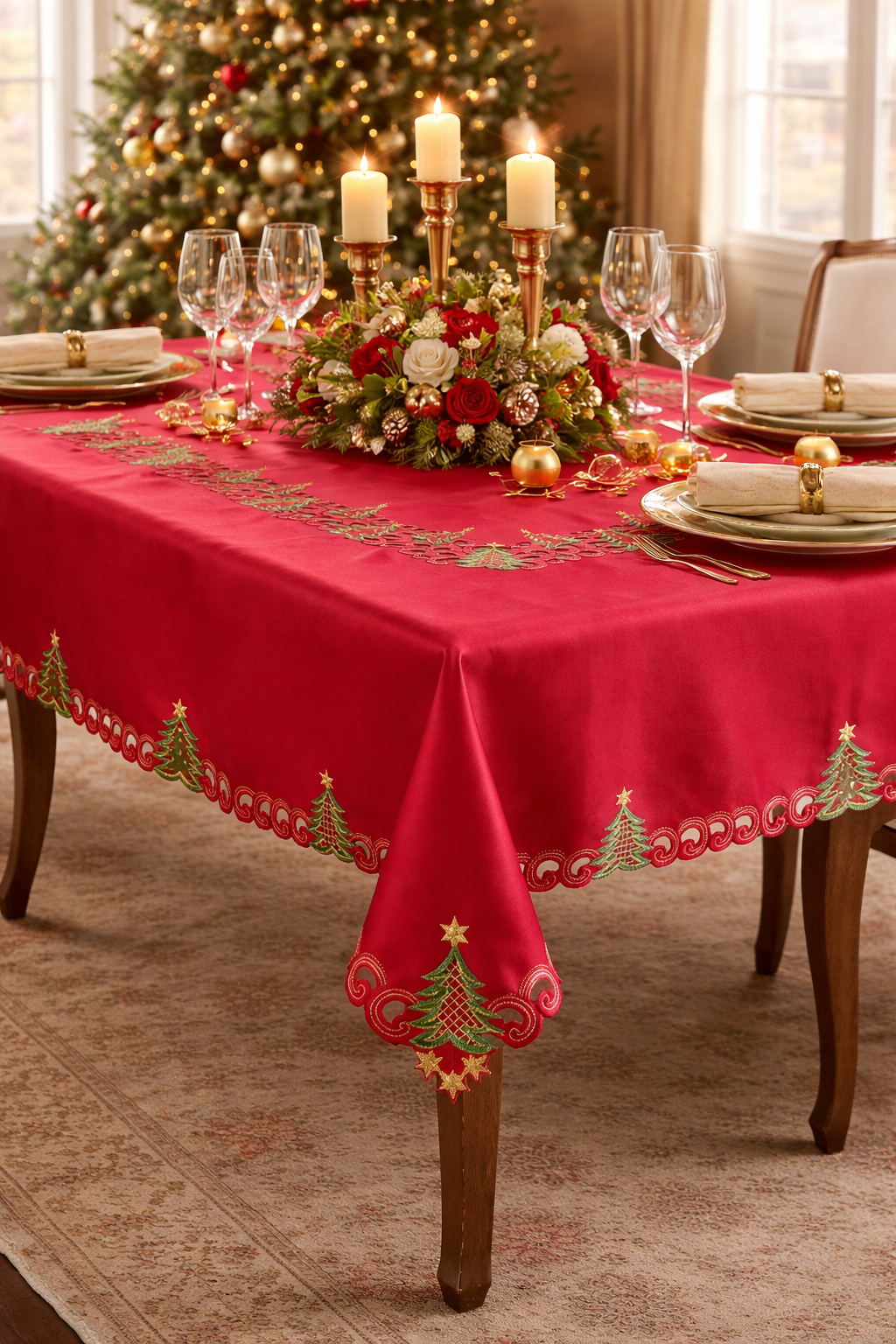 Red Embroidered Tree 67"X160" Tablecloth with 16 Napkins