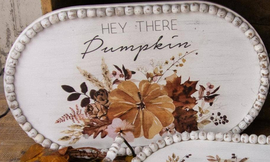 Hello Fall Floral Pumpkins Beaded Wood Trays