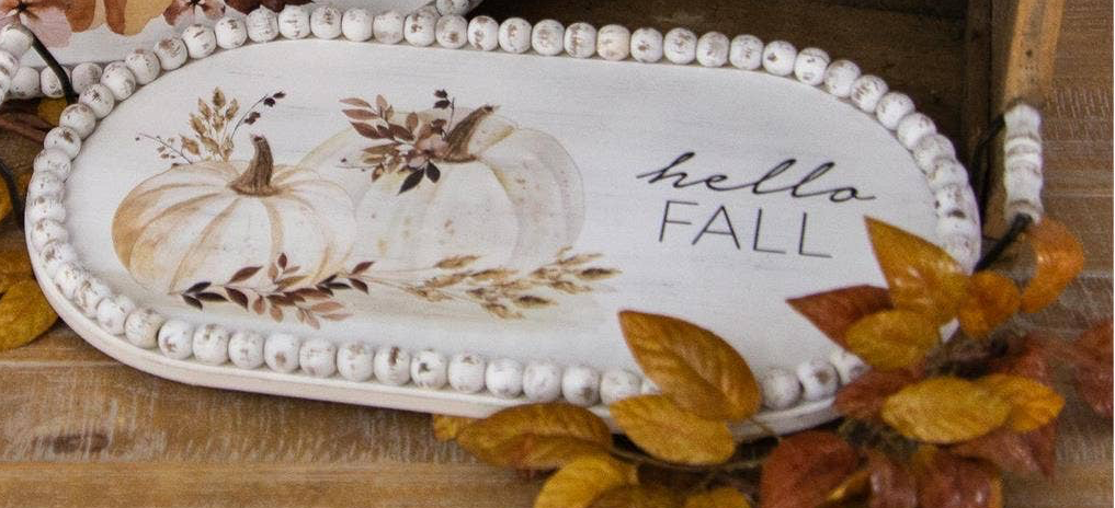 Hello Fall Floral Pumpkins Beaded Wood Trays
