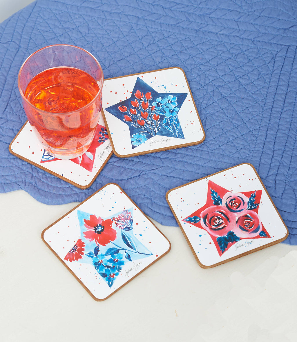 Patriotic Red White & Bloom 4th Of July Coaster Set 4