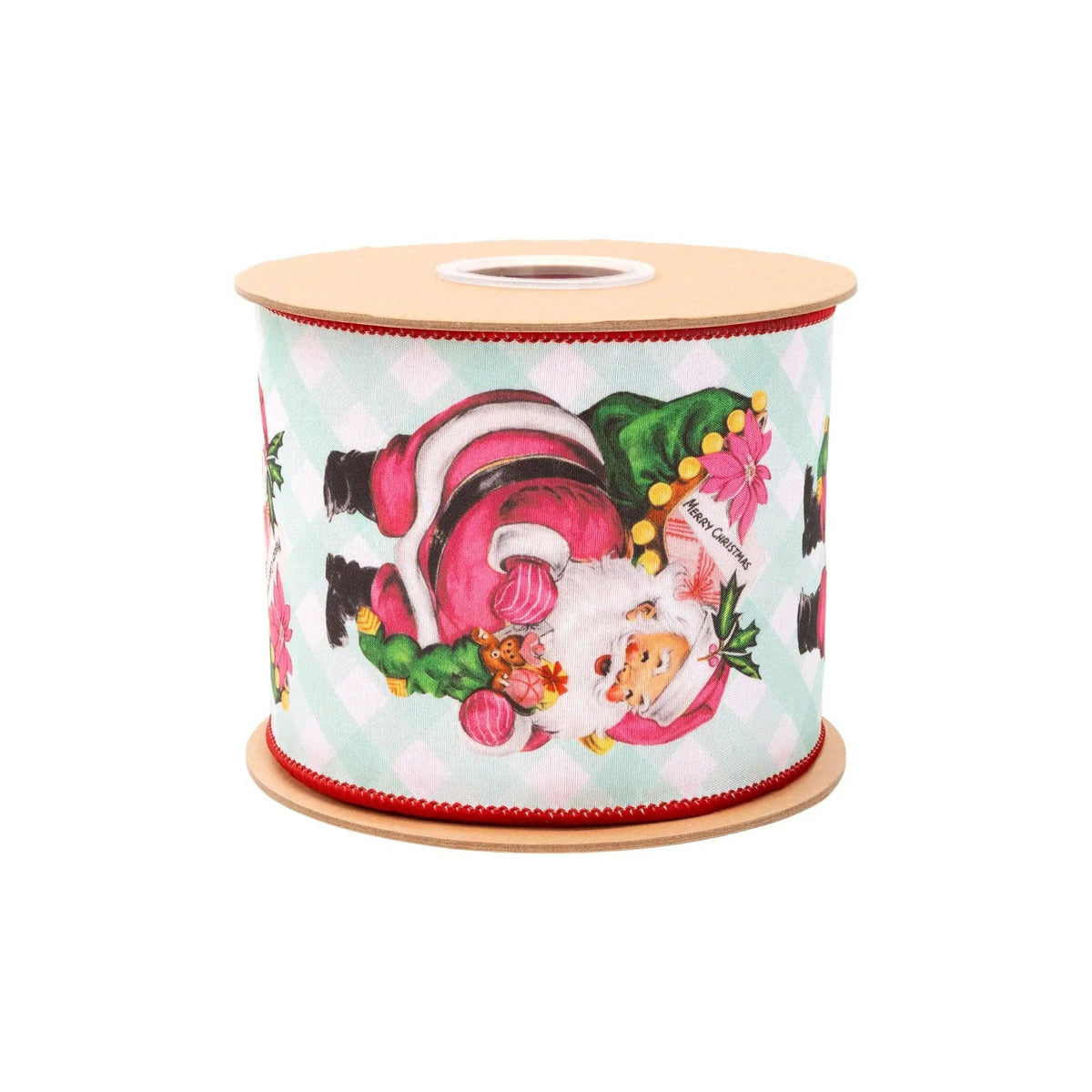 4" Wired Dupioni Ribbon | Retro Pink Santa w/ Sack on Green Check w/ Red Backing | 10 Yard Roll