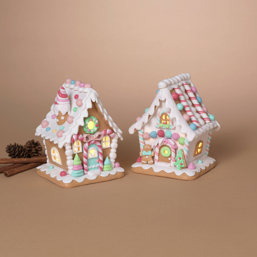 Christmas 7"H Lighted Clay Dough Candy House, 2 Asst