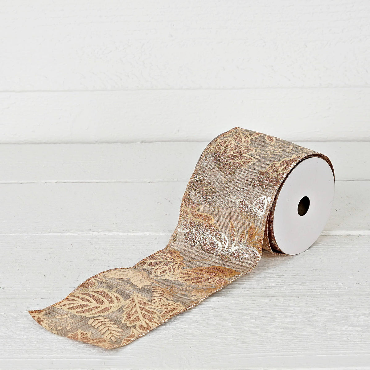 Wired Ribbon-Burlap-Metallic golden leaves (4inW)