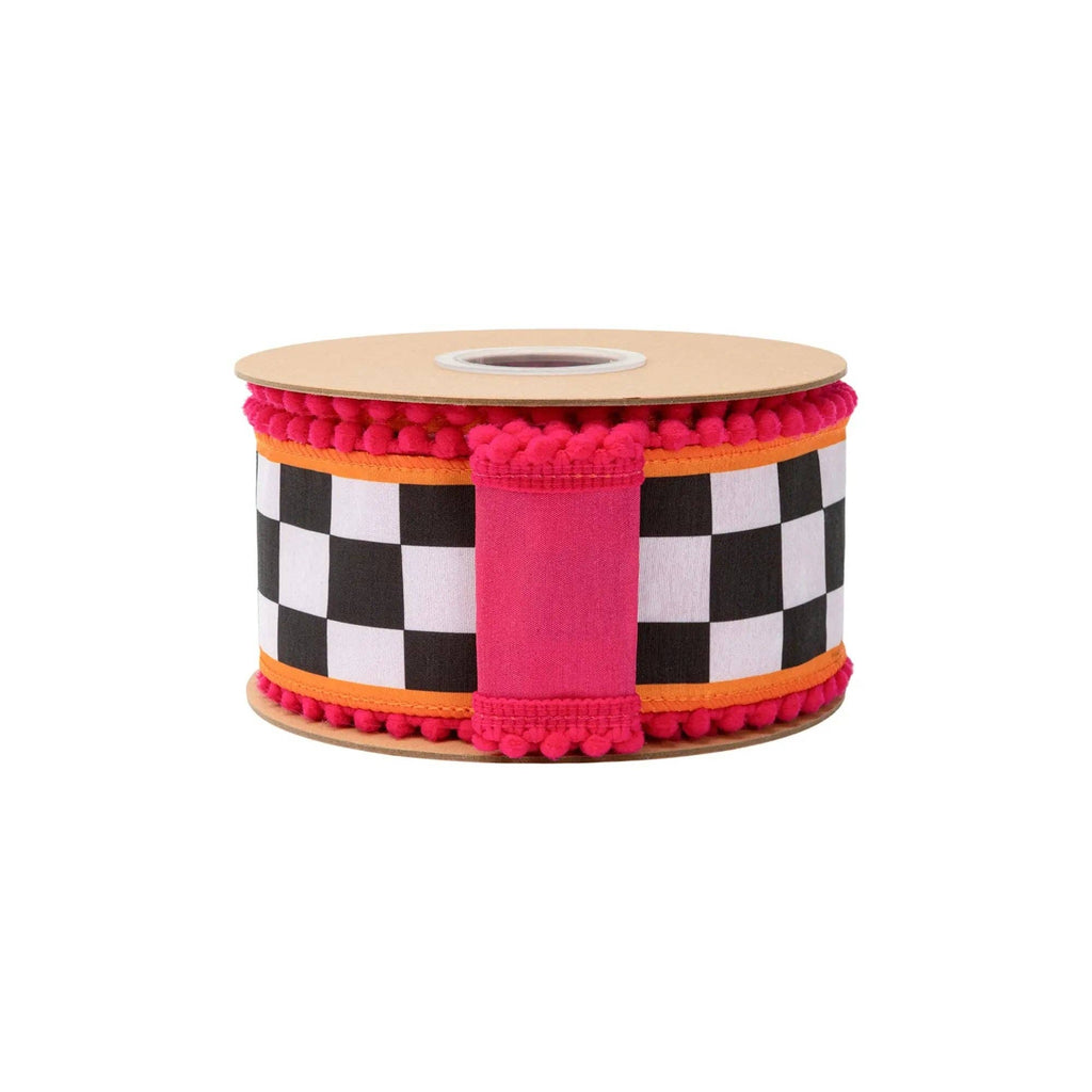 2 1/2" Wired Dupioni Ribbon | Large Black/White Check with Orange and Pink Pom Pom Edging w/ Pink Backing | 10 Yard Roll