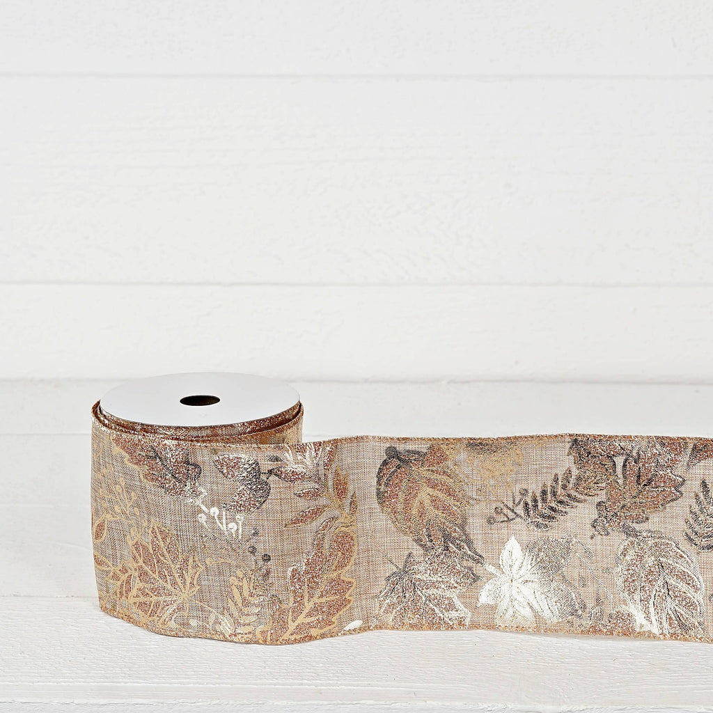 Wired Ribbon-Burlap-Metallic golden leaves (4inW)