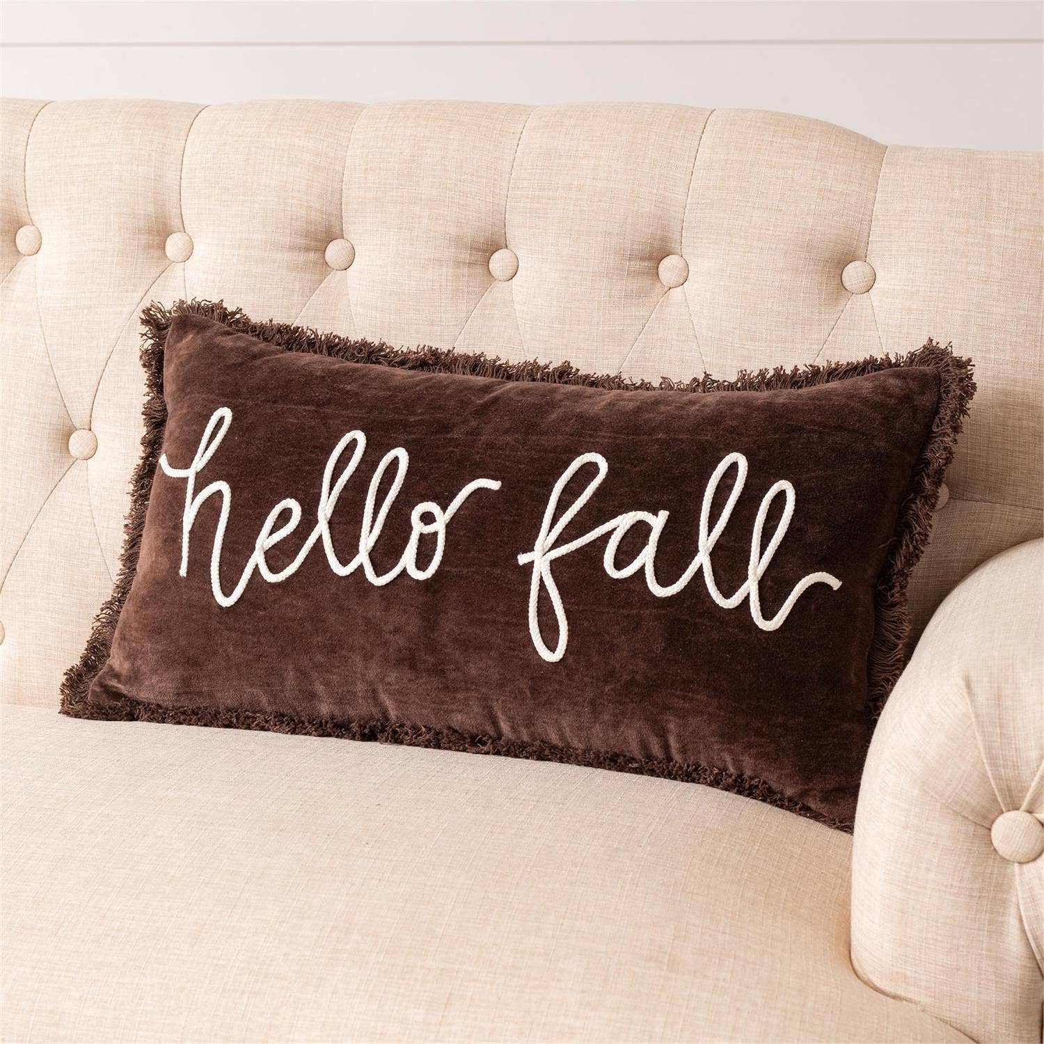 Hello Fall, Brown Velvet Lumbar Pillow