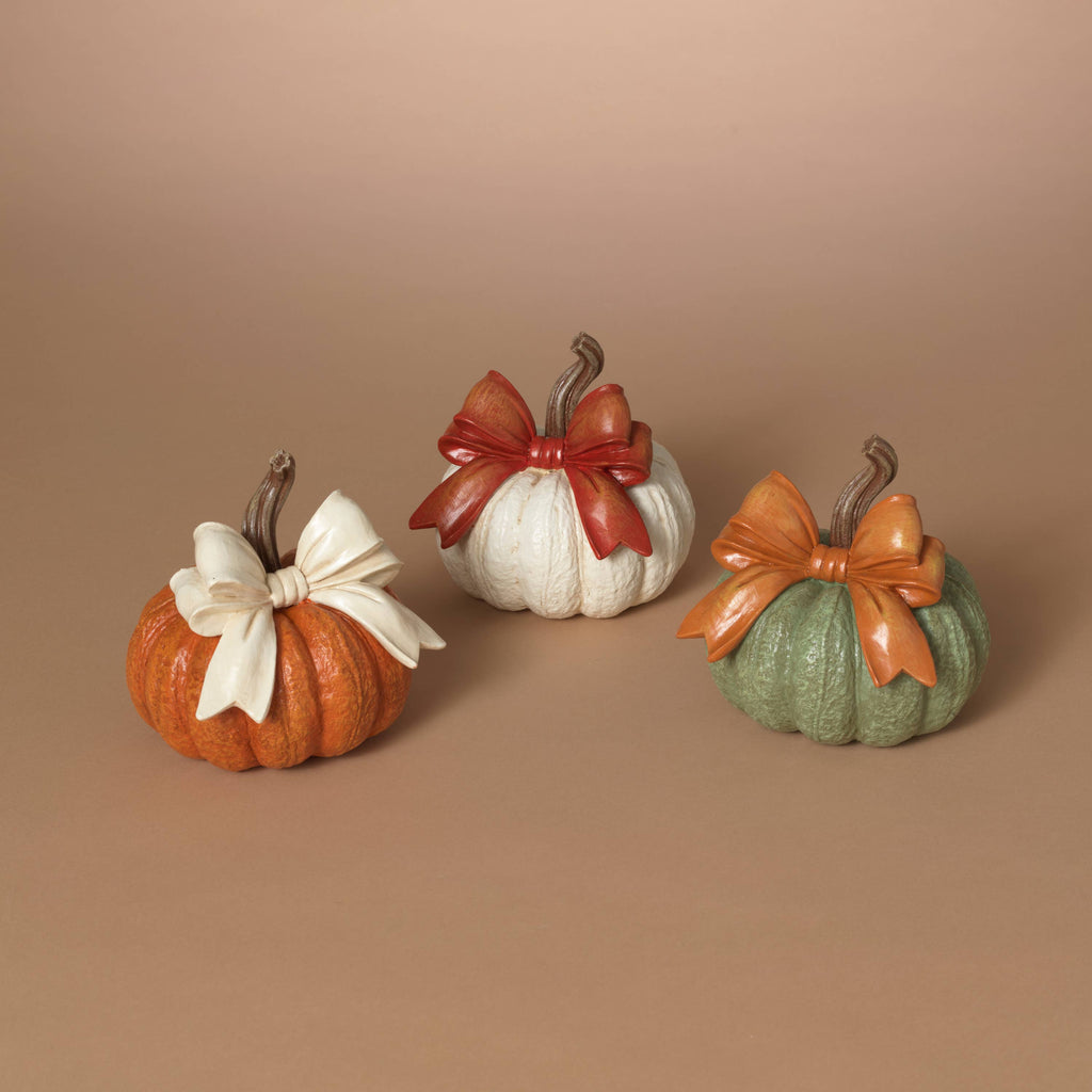 Thanksgiving Resin Harvest Pumpkin with Bow, 5.51"H, 3 Assorted